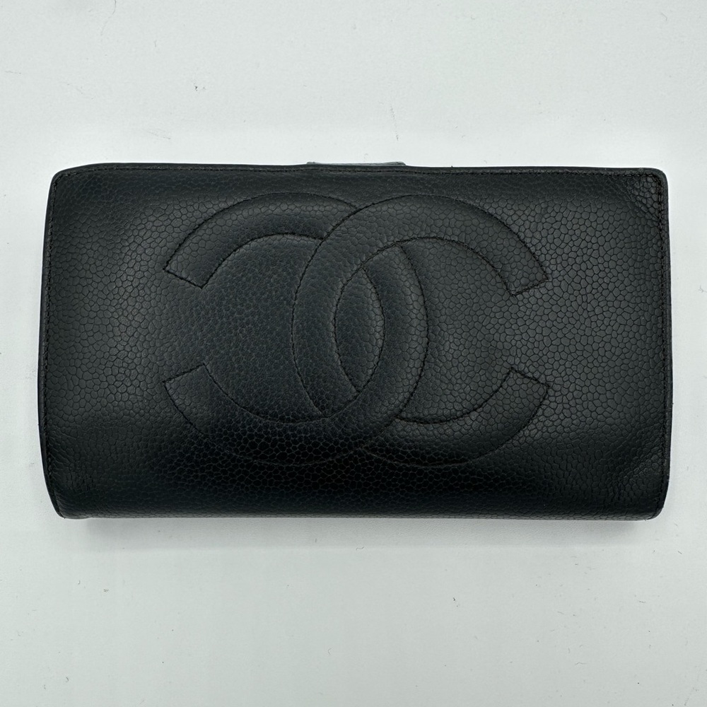 Chanel Black Caviar Leather CC Logo Long Snap Bifold Wallet w/box